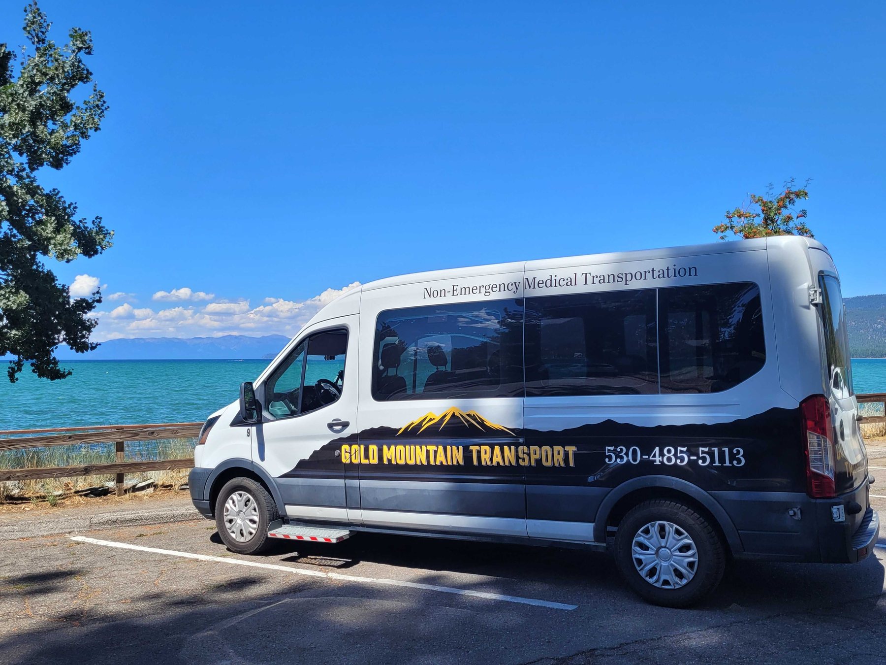 Gold Mountain Transport wheelchair-accessible van on a long-distance medical trip at Lake Tahoe